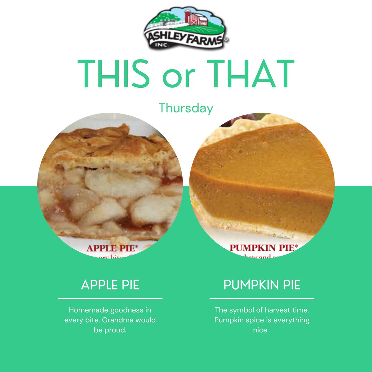 AshleyFarms's tweet photo. This or That Thursday! Which is your favorite? Apple Pie or Pumpkin Pie? #Fundraising #Fundraisier #HighSchool #Band #Music #Chorus #MarchingBand #Disney #School #Cheesecake #Pie #Cookies #Pizza #AshleyFarms https://t.co/NXABK5v7T6