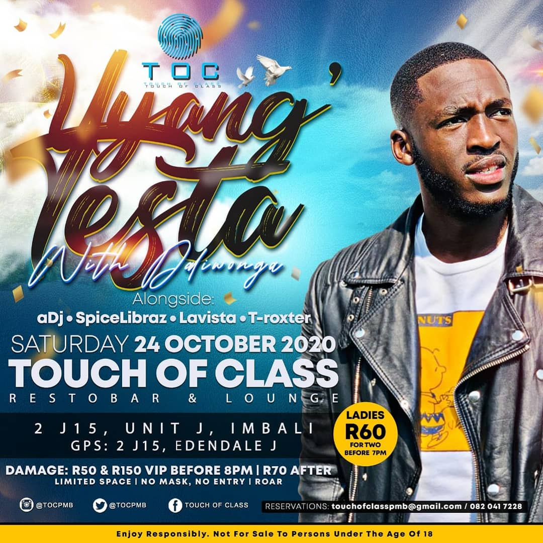 tocpmb's tweet photo. Ningazincishi inice time!!

Saturday 24 October. Uyang' Testa with @DaliWongaSA @TOCPMB / Doors open at 12 midday 

Ladies R60 for two before 7pm / R50 &amp; R150 vip before 8pm / R70 after.

Reservations:  touchofclasspmb@gmail.com / 0820417228 https://t.co/H3mN91ufaD