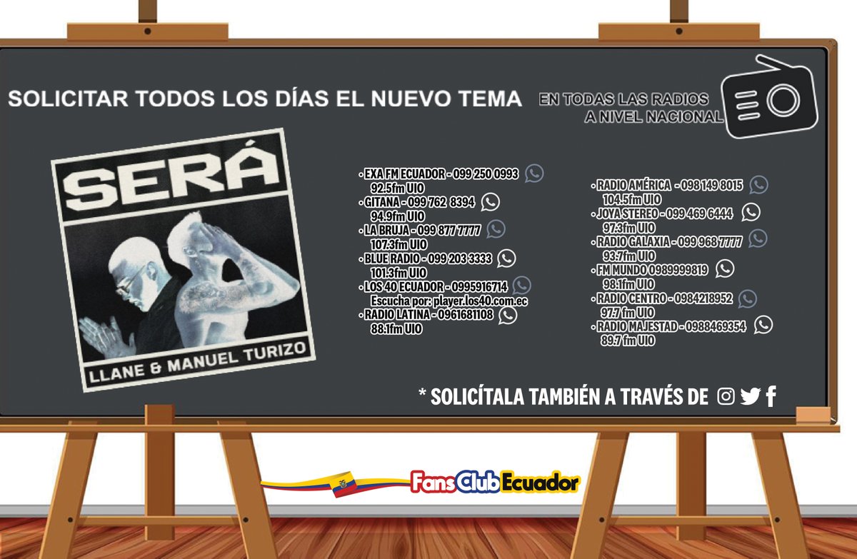 Solicita ya #Será lo último de <a href="/Llane/">LLANE</a> ft. <a href="/ManuelTurizoMTZ/">Manuel Turizo Zapata</a> a tus radios de Ecuador... Solicítala todos los días por medio de nota de voz o mensaje a Whastapp y también a través de redes sociales de las radios!! 🔥🎶 #LaVidaContinúa #LlaneArmy #LlaneritasEcuador 💃 🙌📻💪🇪🇨