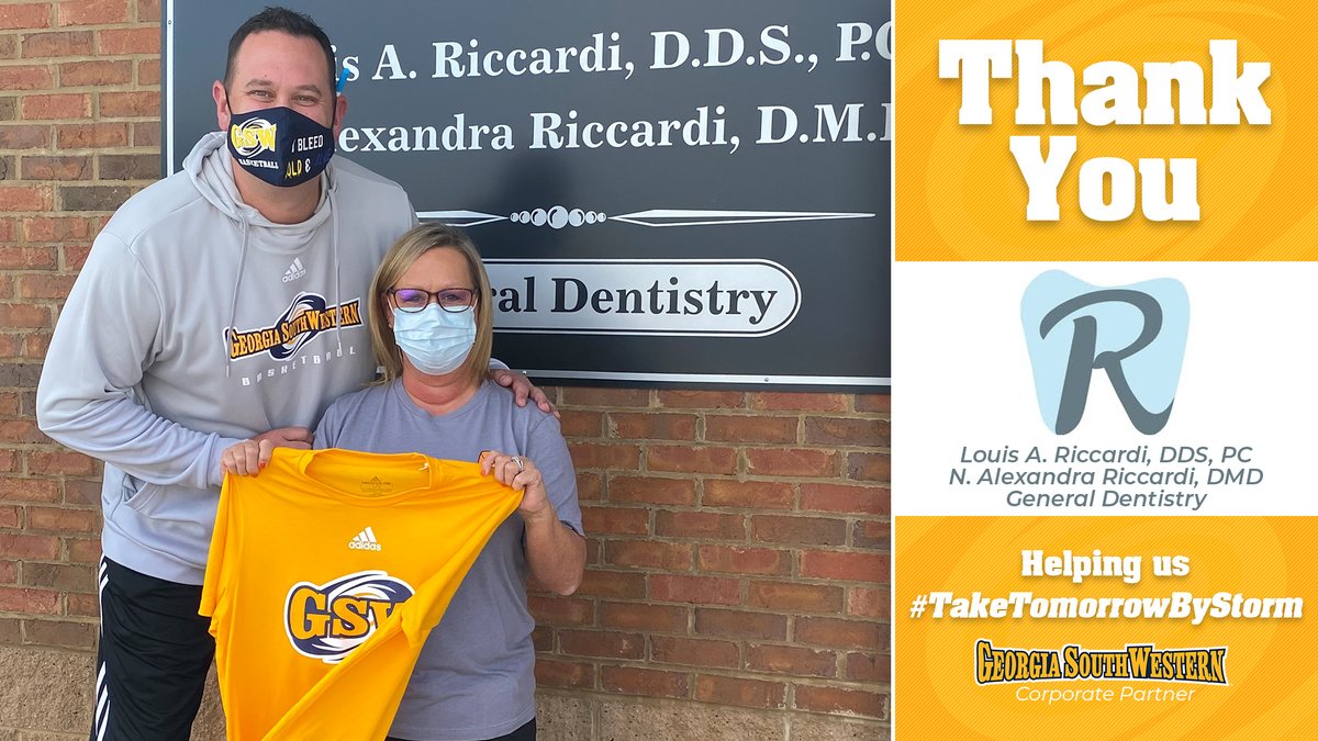GSWAthletics's tweet photo. The #GoldForce is strengthened by our partnership with the Riccardi family &amp; their general dentistry practice. 

THANK YOU for your commitment to GSW Athletics &amp; for helping us #TakeTomorrowByStorm!

👩‍⚕️👨‍⚕️🦷

Visit >>> https://t.co/cnOFwtig1C https://t.co/XDDoS9dxKu