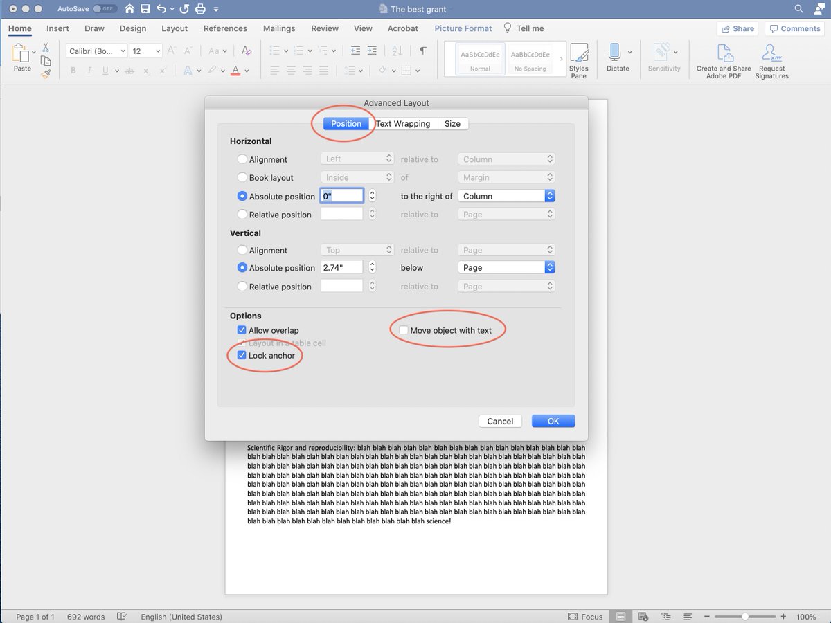 InnaSmalley's tweet photo. To anchor a figure in text so it never moves and you can stop raging at your computer this grant season: 

Paste figure-> Right click, Wrap text, select “Tight” then “More layout options”, go to position tab-> Unclick "move object with text", click "lock anchor"
#ScienceTwitter https://t.co/zEY3i2iSO5