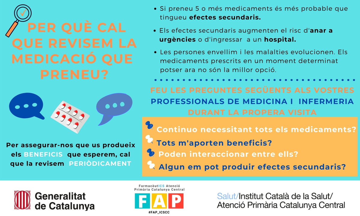 icscatcentral's tweet photo. 👩‍⚕️🧑‍⚕️ Sabíeu que és bàsic revisar la medicació que preneu habitualment?
És un consell dels 'FarmaceutICS d'Atenció Primària de la Catalunya Central' 👇
#FAP_ICSCC https://t.co/0AANW19A2H