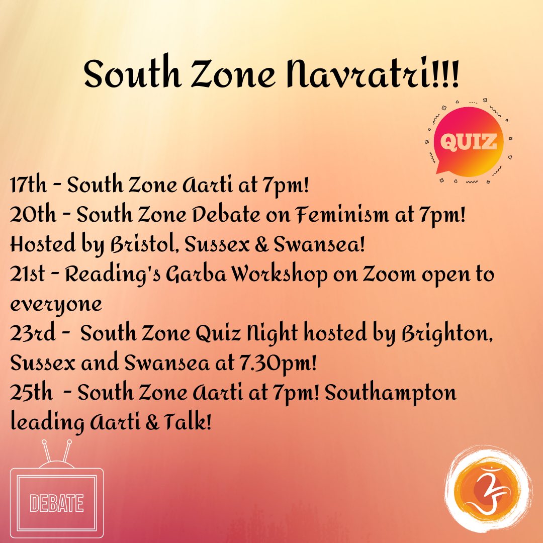 Navratri is just around the corner and as you can see, all four of our zones have a host of spectacular activities planned! 

Although we may not be able to celebrate in person together, our Hindu societies are carrying the spirit of Navratri across the nine nights! 😁🎉
