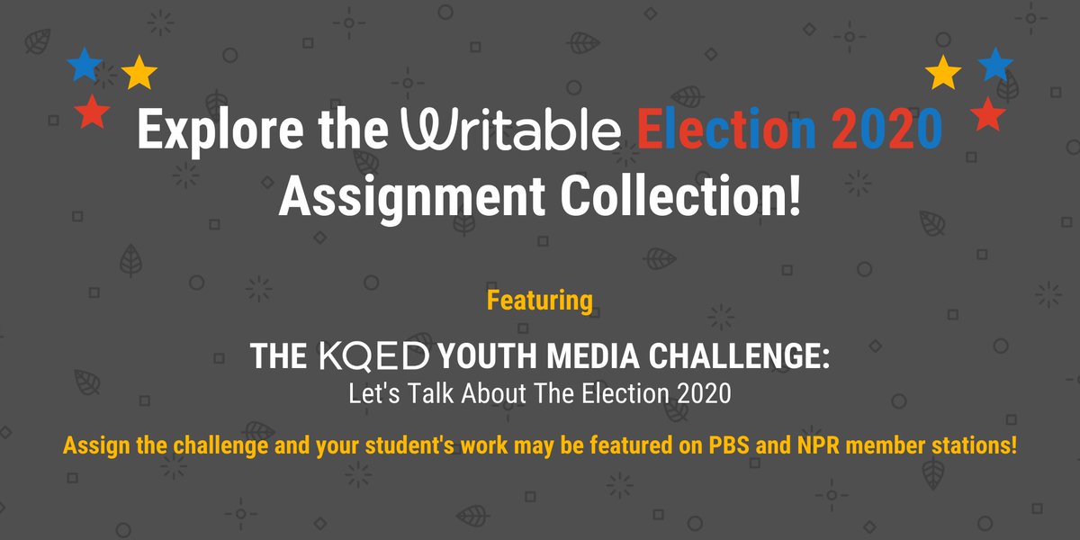 getwritable's tweet photo. β Have you checked out Writable's #Election2020 assignment collection yet? Let us help you teach the important issues, including the @KQEDedspace Youth Media Election Challenge!
βοΈ Explore the assignments here: https://t.co/1QKOYfjmbJ
#WritingMatters #KQEDLearn #ELA #EngChat https://t.co/4Aw2bkXB9r