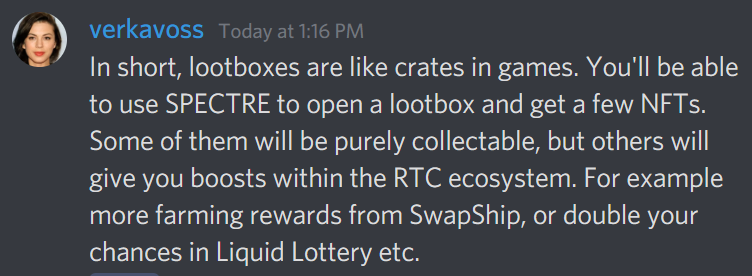 slumpdeem's tweet photo. lootboxes unlockable w $SPECTR coming soon... they will include some NFTs w farming multipliers for $RTC on https://t.co/wlI1vqAXVM, and others could increase your chances at winning $LIQLO in the daily lottery. vaults coming tomorrow

exciting new developments for the ecosystem! https://t.co/p8mfsrGvBJ