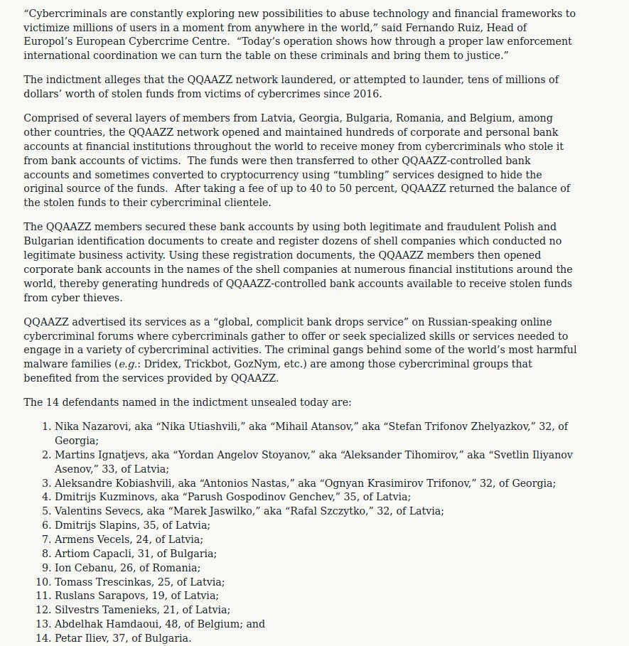 Lpөpcl I On Twitter Justice Announcement Transnational Criminal Organization Qqaazz Provided Laundering Services To High Level Cybercriminals Portugal Spain Uk Latvia Bulgaria Georgia Italy Switzerland Poland Czech Republic Australia