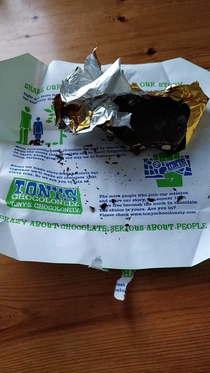 Dear <a href="/TonysChocoUK_IE/">Tony's Chocolonely UK & IRE</a> I'd like to make a complaint about your dark chocolate almond sea salt bar. I bought it to support your cause to end slavery on cocoa farms but ended up eating almost the entire bar and now I don't have room for dinner. Why isn't there a warning on the pack?