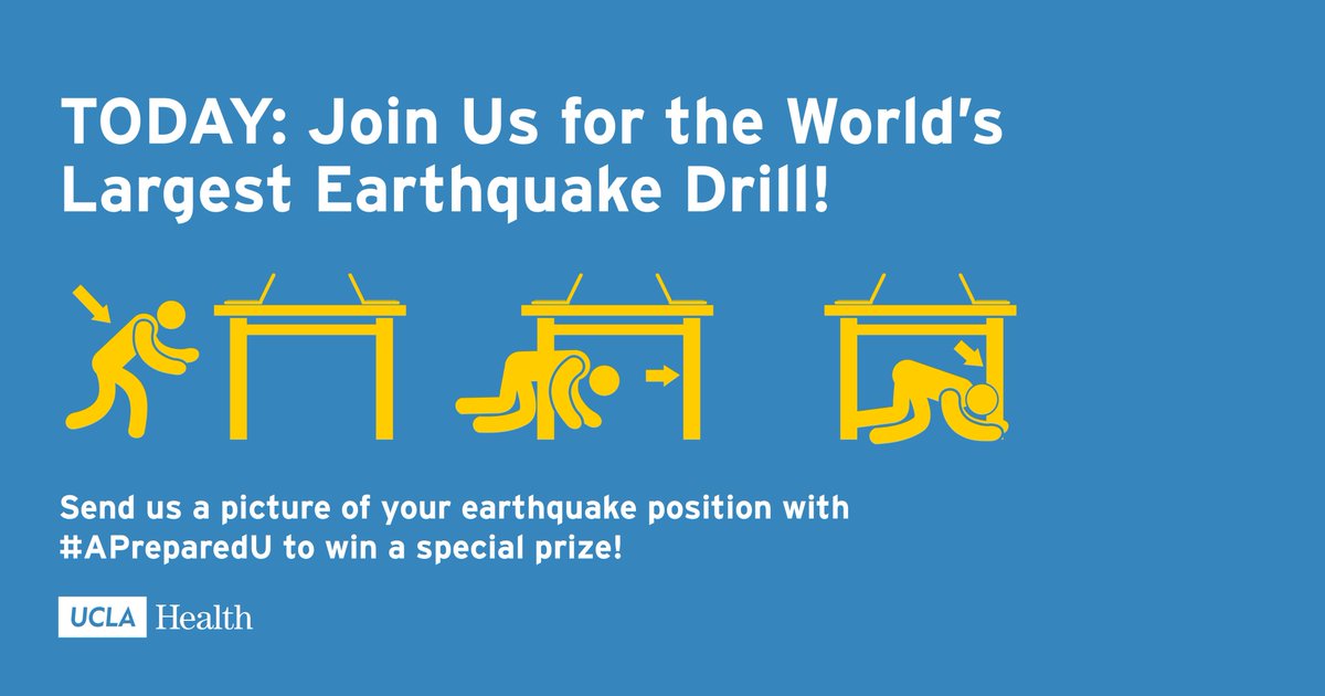 UCLAHealth's tweet photo. Today is the day! Join UCLA Health for Shakeout - the largest earthquake drill in the world! 

Remember to be sending your photos today in your "Hold On" positions with the hashtag #APreparedU to be entered into our contest! https://t.co/mVFlw9OUBo