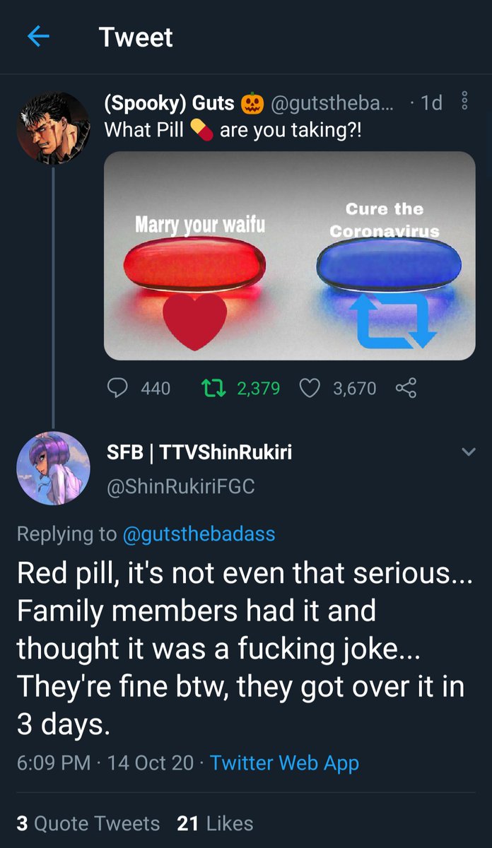 Red pill, it's not even that serious... Family members had it and thought it was a fucking joke... They're fine btw, they got over it in 3 days. - ShinRukiri