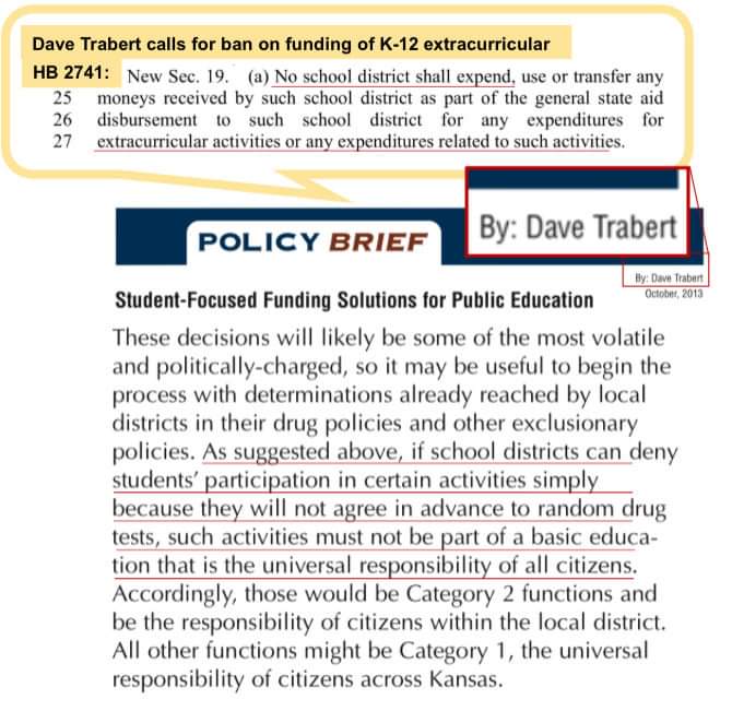 4/ In 2013, Dave Trabert authored a KPI policy piece that argued Kansas should only fund “essential” school activities. If students could be banned from participating by refusing to take a drug test, Dave argued, the activity must be non-essential and...