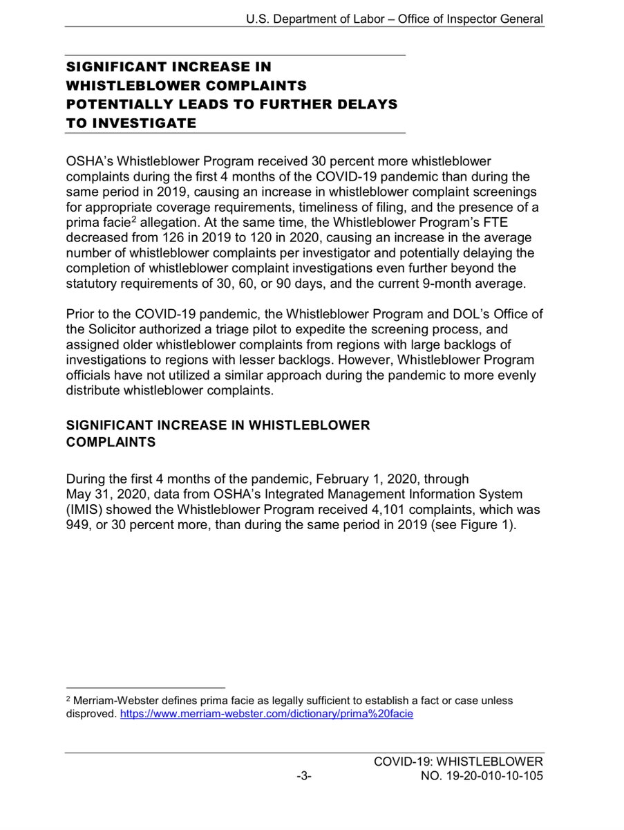 I mean you guys where warned in APRIL that  @SecGeneScalia knew..ask yourself why am I tweetingAugust 2020 COVID-19  @DOLOIG “increased significantly the number of whistleblower complaints OSHA has received, the Whistleblower Program’s full time employment has decreased“