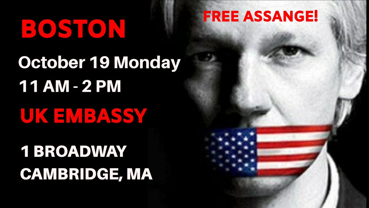 Plucille54's tweet photo. Boston shows up for #JulianAssange outside the #UKconsulate **AGAIN!!**
Monday, Oct 19th 11am-2pm
Outside Boston's #UKembassy
1 Broadway Cambridge, MA
cc @debdp
@MemeNewsUG
#bospoli
#BecomeUngovernable
FB invite:
https://t.co/amiNWaTkog https://t.co/6zF1iIK2cQ