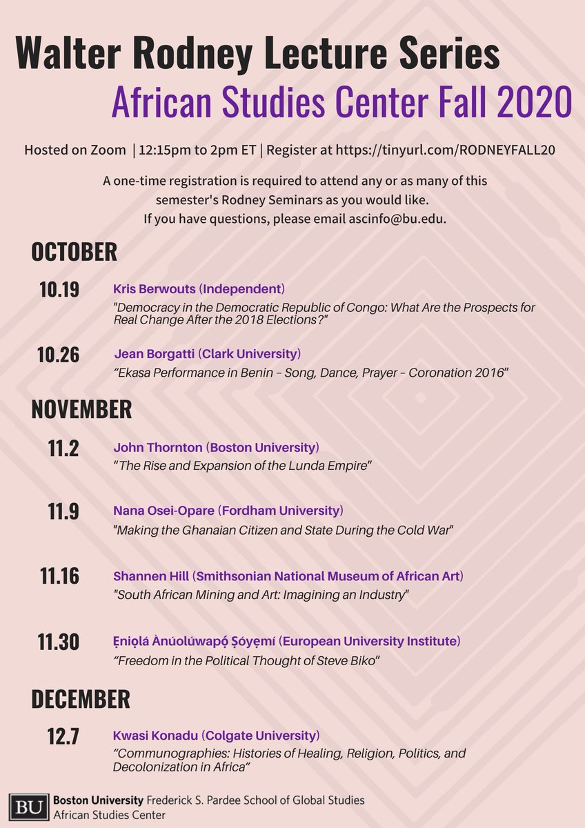 Next week we launch our fall series for the Walter Rodney Seminars! Mondays starting at 12:15pm ET. Check out the full schedule here, and register for the series via Zoom at  http://tinyurl.com/rodneyfall20 