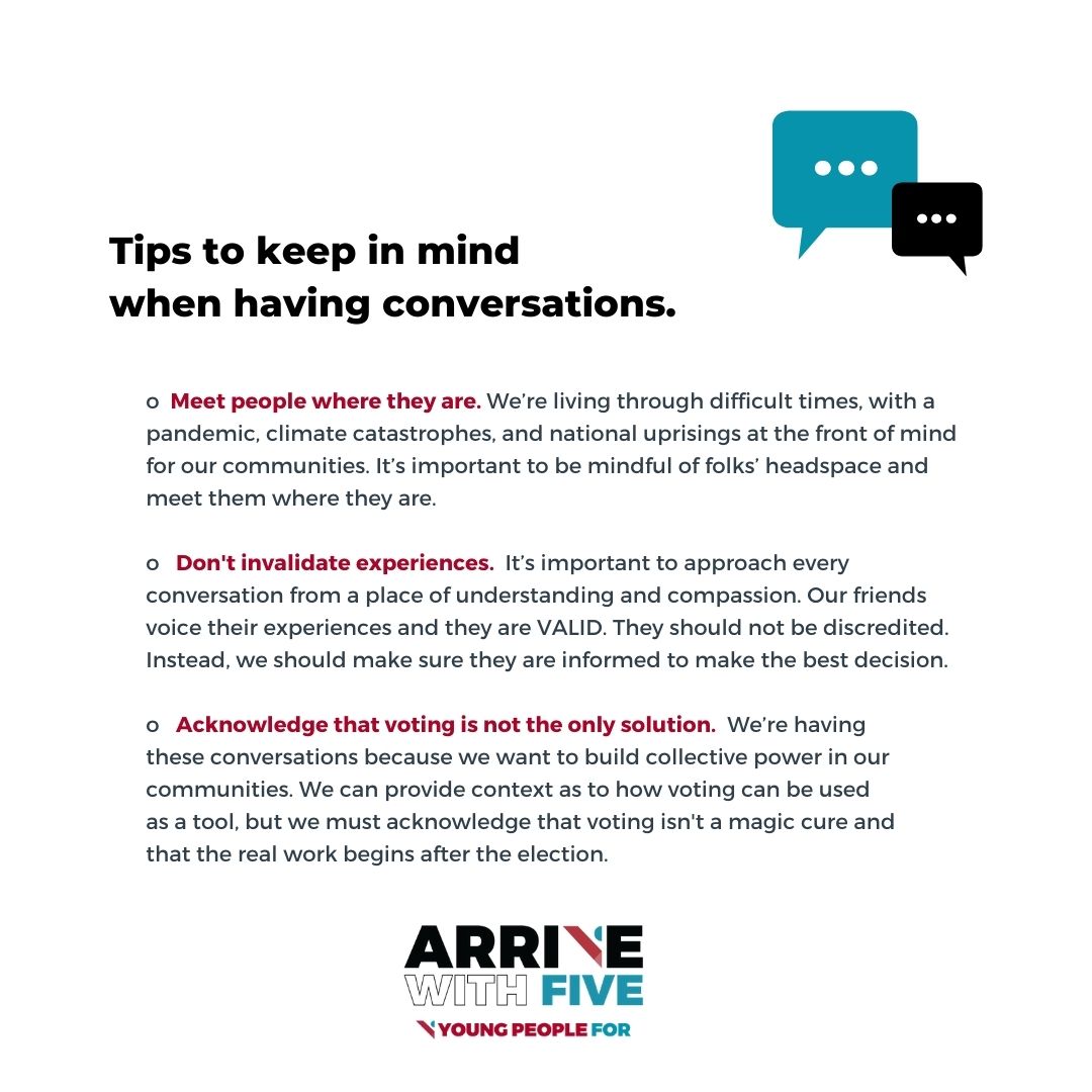 YP4's tweet photo. There are at least 5 people in your life that only you can reach. It’s up to you to reach out to them. ‼️ Mobilize your folks to vote for this election! Take the #Arrivewith5 pledge and get this FREE resource to help you! ‼️https://t.co/5Mego1f4fc https://t.co/yn9ZbsFnud