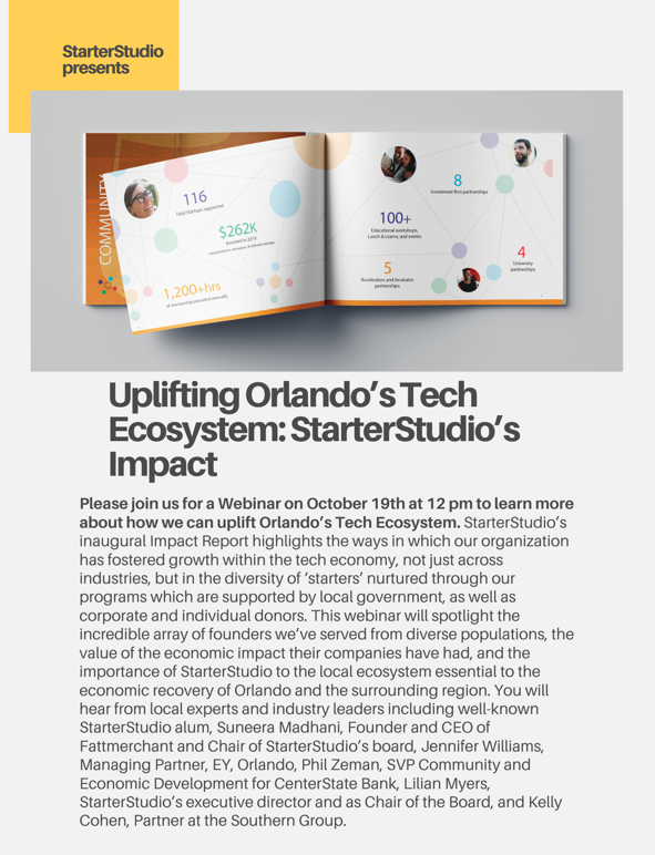 Join <a href="/starterstudio/">StarterStudio</a> on October 19th as they share a review of their impact on the Central Florida community ✨ Including <a href="/SuneeraMadhani/">Suneera Madhani</a>, CEO &amp; Founder of @fattmerchant and <a href="/Kelly_Cohen/">Kelly Cohen 🦩🦩</a>, Partner at The Southern Group

RSVP Here: buff.ly/3dxiuDe