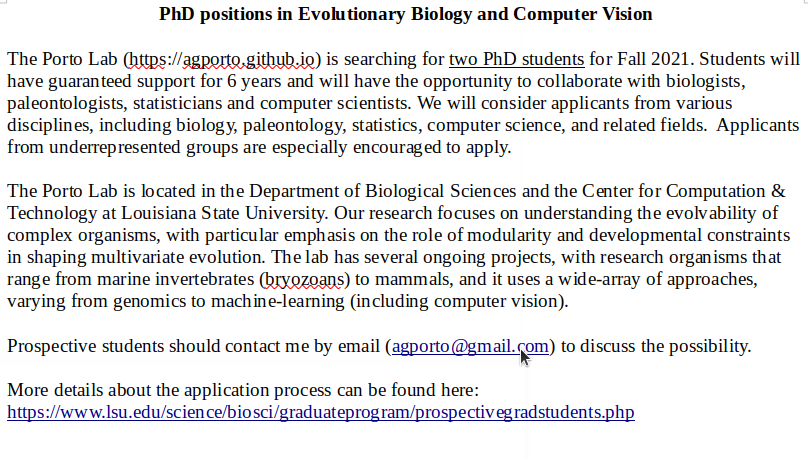 ArtPorto's tweet photo. Tweeps, please share widely. I am looking for 2 #PhD students (Fall 2021). Feel free to contact me if you are interested. We are located at @LSU_BioSci  and  @LSUCCT. Underrepresented groups are especially encouraged to apply. @sacnas @SICB_  @GMM_field @DiversifyEEB https://t.co/cje8KlDzpC