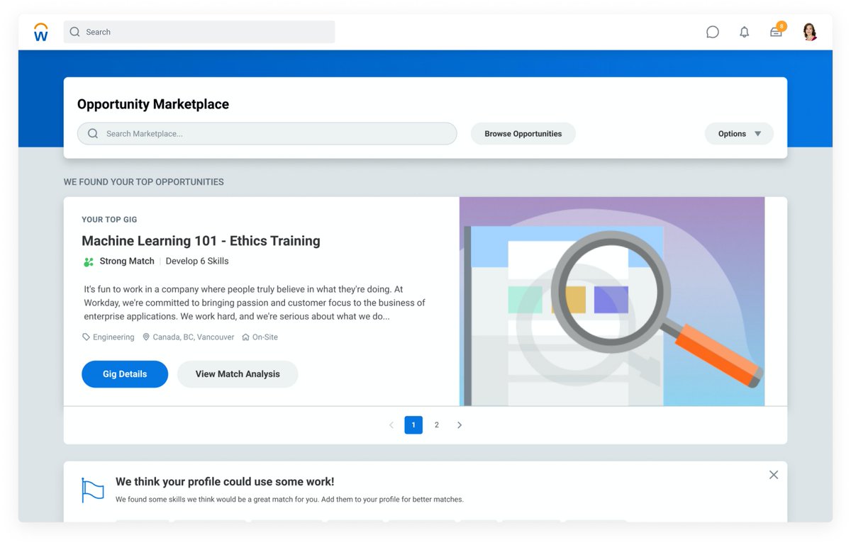 Workday's tweet photo. We’re excited to announce Workday Talent Marketplace to help our customers use skills to connect employees with new work and growth opportunities: https://t.co/H3sTWVBZL0 #talentmanagement #machinelearning https://t.co/o7GHpDOASm