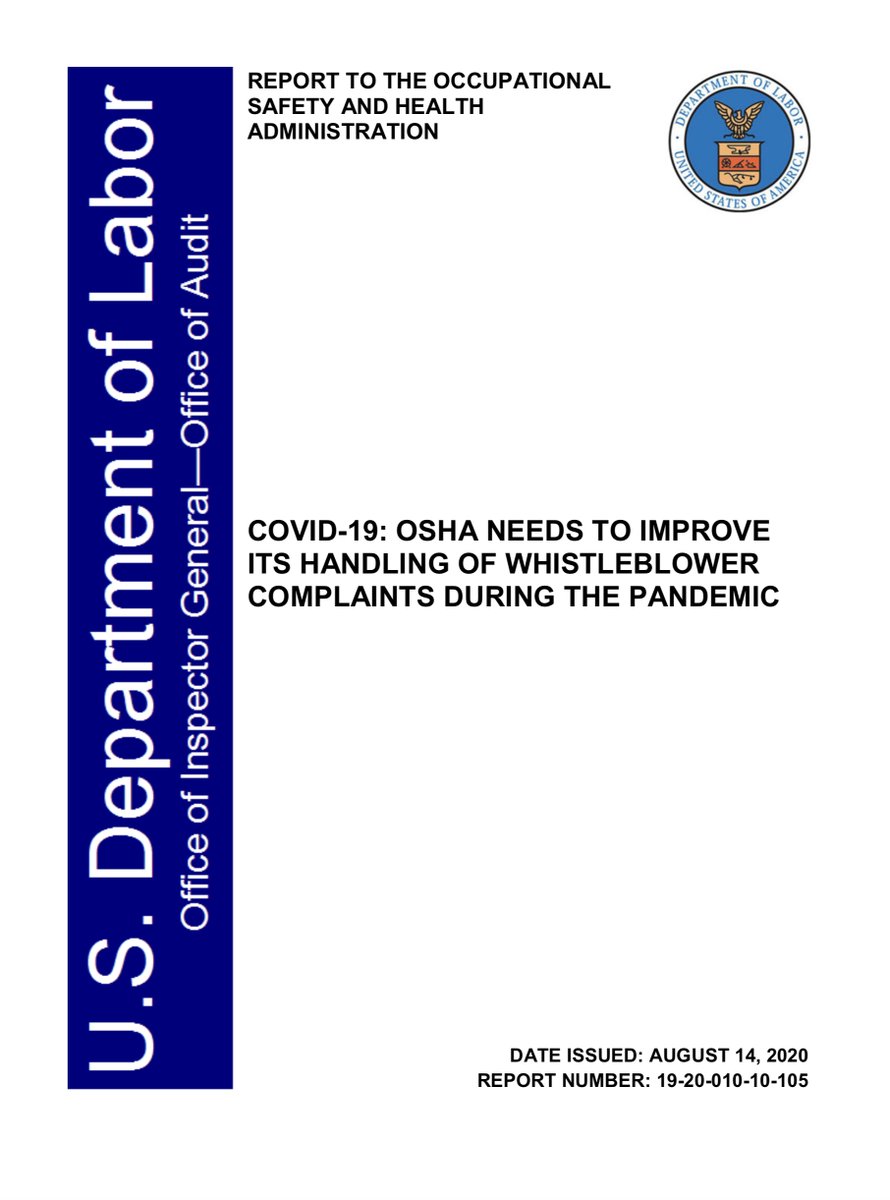 I mean you guys where warned in APRIL that  @SecGeneScalia knew..ask yourself why am I tweetingAugust 2020 COVID-19  @DOLOIG “increased significantly the number of whistleblower complaints OSHA has received, the Whistleblower Program’s full time employment has decreased“