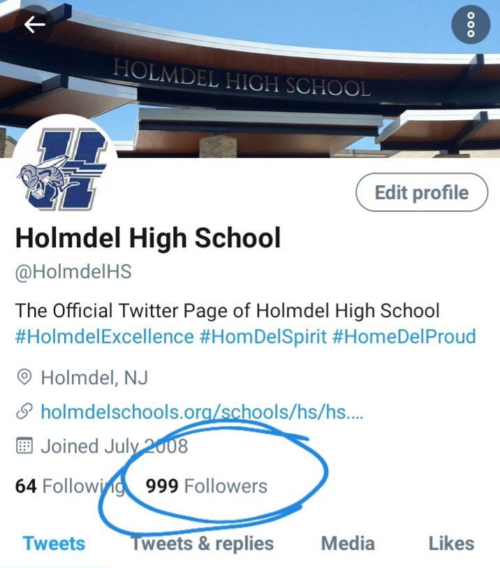 HolmdelHS's tweet photo. Homecoming tomorrow and we are at 999 followers! Can we get that one last person and reach 1000? #HomeDelSpirit #HomeDelProud @HhsSab @HHSHornetReport @VP_JBrown @Jennifer_Riggi https://t.co/r9OUfxX6Fh