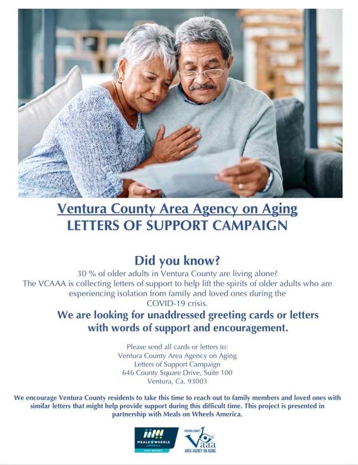 CountyVentura's tweet photo. We are #thankful for the response to the @VCAAAging #LettersofSupport campaign! They have received more than 1,200 letters. These words of encouragement are being delivered to vulnerable older adults and people with disabilities living in #VenturaCounty. Keep them coming! https://t.co/5oRB7u7jiL