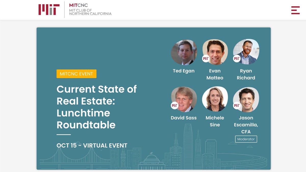 Join us at noon today: Real Estate Roundtable with SF’s Chief Economist, Ted Egan, Ph.D., on the pulse of real estate in the Bay/N.CA: mitcnc.org/events/current…

<a href="/mitcnc/">MIT Club of NorCal</a> #realestate #investing #BayArea #wealthmanagement <a href="/msine33/">Michele Sine</a> <a href="/Impact_Advisor/">ImpactAdvisor</a>