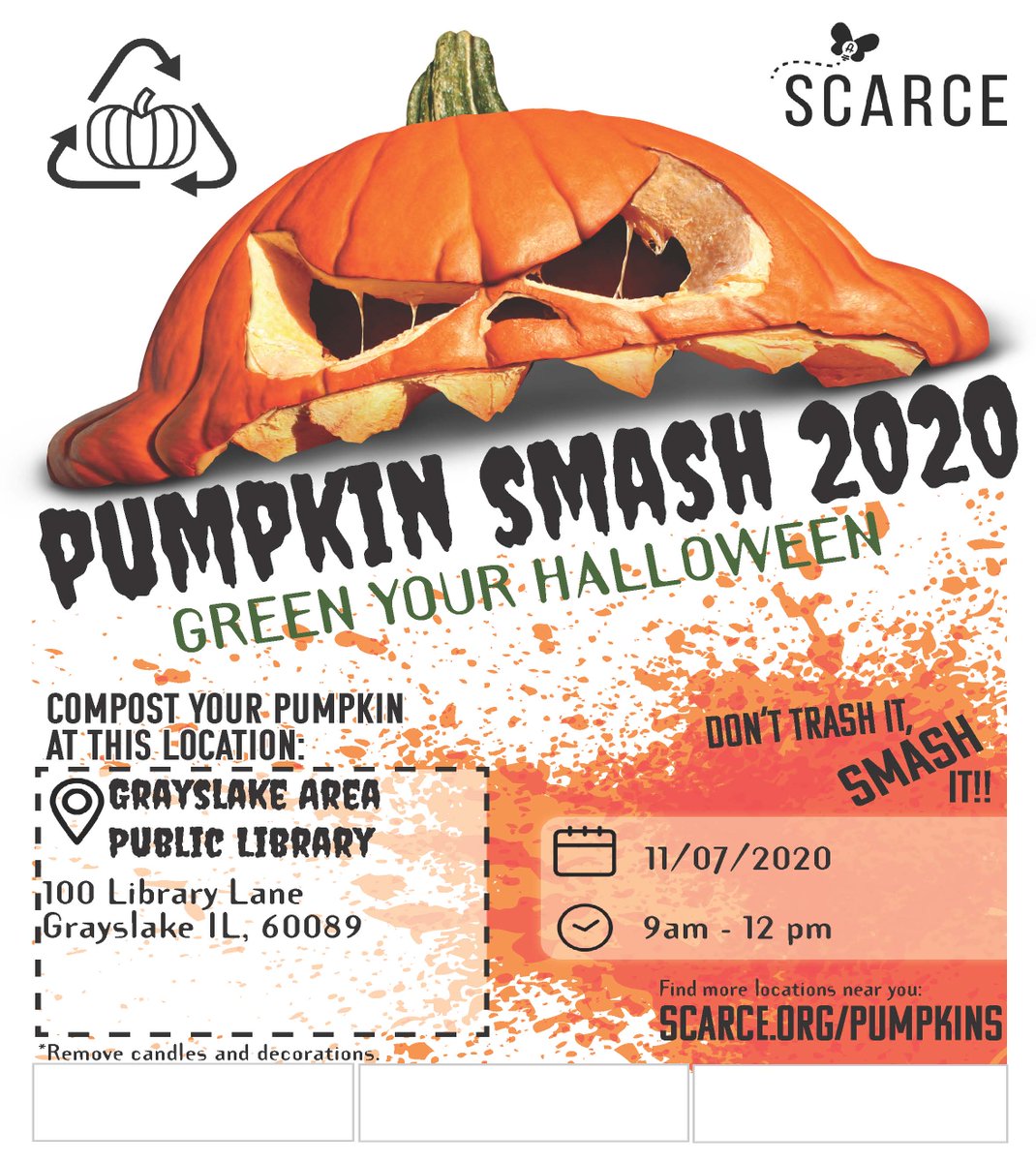GCHSButterfly's tweet photo. Green your Halloween! Please consider bringing pumpkins to compost to the Grayslake Library 11/7 8am-12pm. #pumpkinsmash https://t.co/LVxGmSq4p8