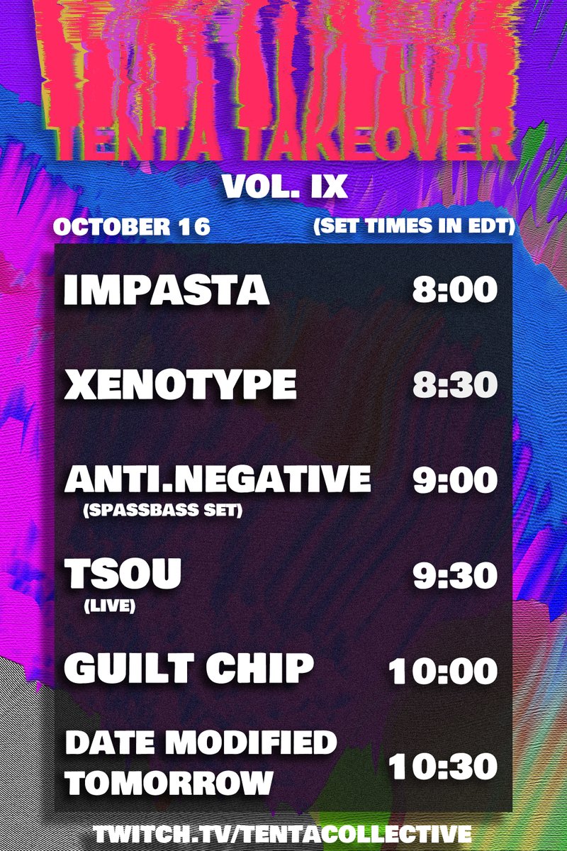 tentacollective's tweet photo. Due to unforeseen circumstances, HFO will not be playing tomorrow night. Instead, we will be running back @anti_negative_ 's set from Tenta Takeover Vol. 5. 

🐙 https://t.co/KjUCh5HloV