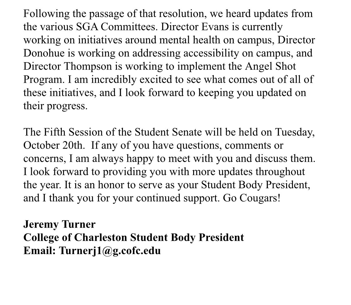 Please read my update from the Fourth Session of the Student Senate. Proud of <a href="/CofCCoS/">Zach Kronsberg</a> <a href="/CofCDCoS/">Maya Wright</a> and <a href="/therealjkevans/">Jonathan Evans</a> for their repeal the heritage act resolution! Thanks to Dr. Harris and Grace from <a href="/CisternYard/">CisternYard Media</a> for joining us!