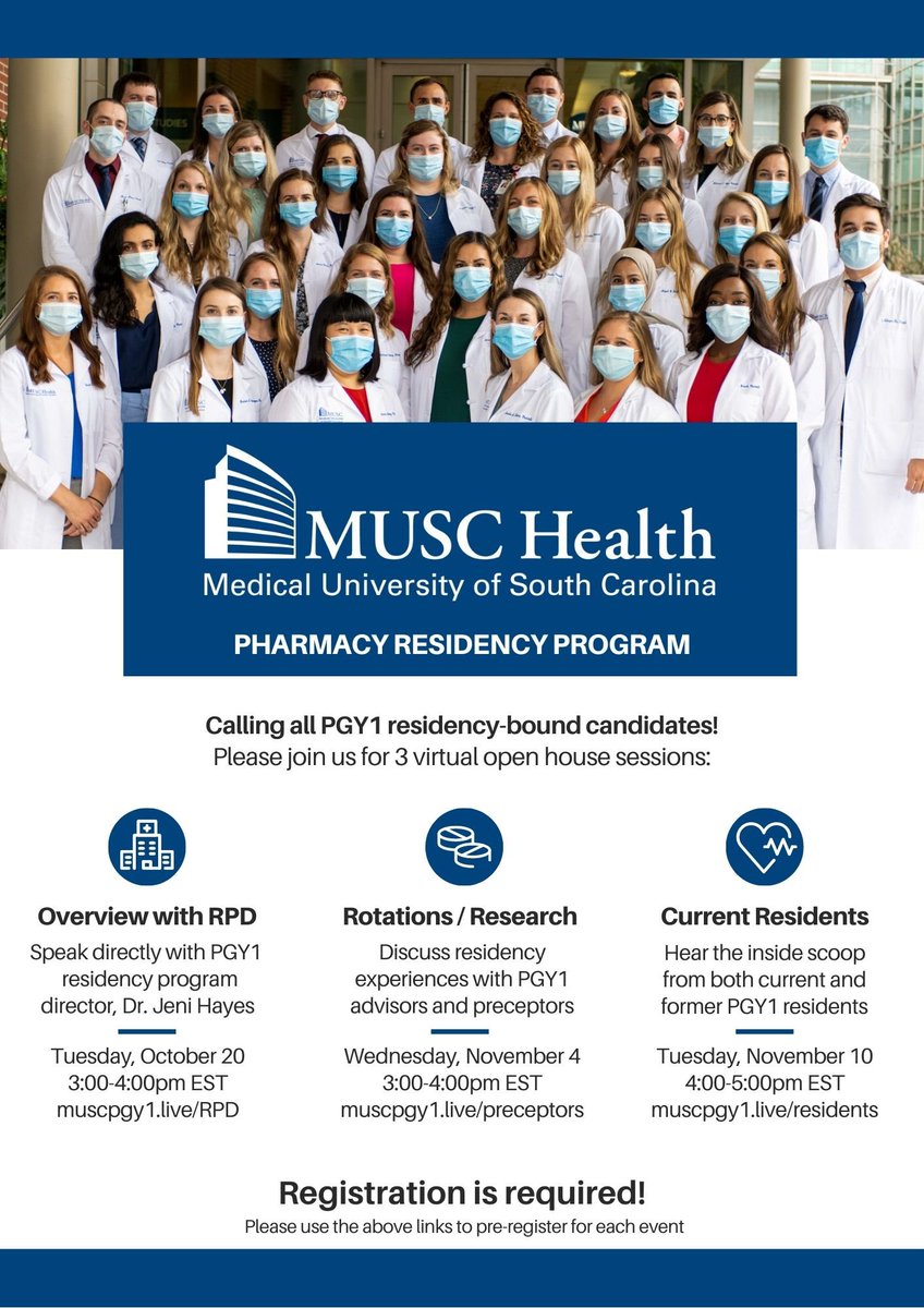 hey #TwitteRx, interested in pursuing a PGY1 pharmacy residency? 

please join us at <a href="/MUSChealth/">MUSC Health</a> for not 1, not 2, but 3 different virtual open house sessions! 🤩