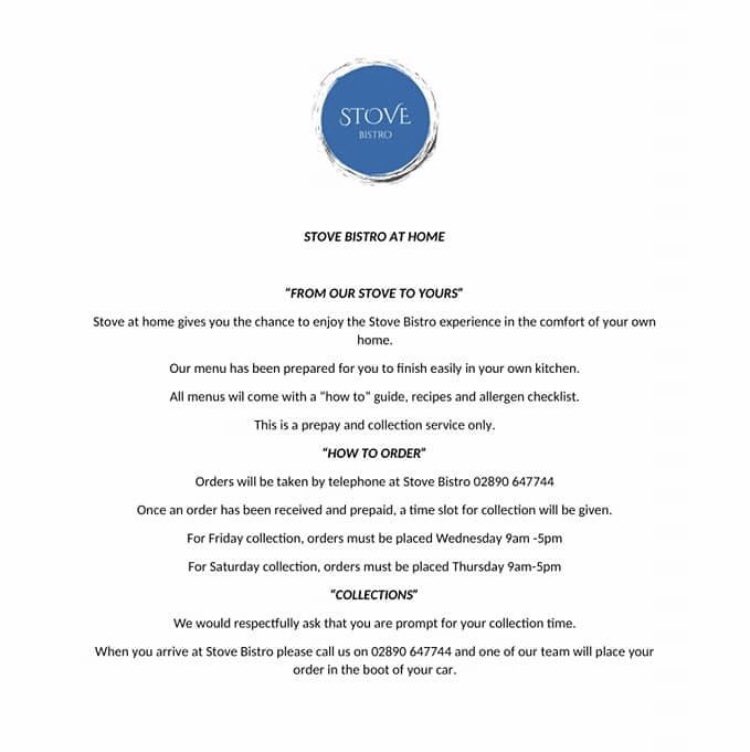Well, that’s that for a few weeks. We would just like to thank our lovely customers for your support. Hopefully we’ll be back at the Stove soon. Don’t forget our cook at home service starts next weekend with telephone orders going live Wednesday 02890 647744
