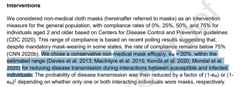 3/ As expected, the model is based on parameters derived from other literature. On masks:"We chose a conservative non-medical mask efficacy, eM = 20%, within the estimated range for reducing disease transmission during interactions between susceptible and infected individuals."