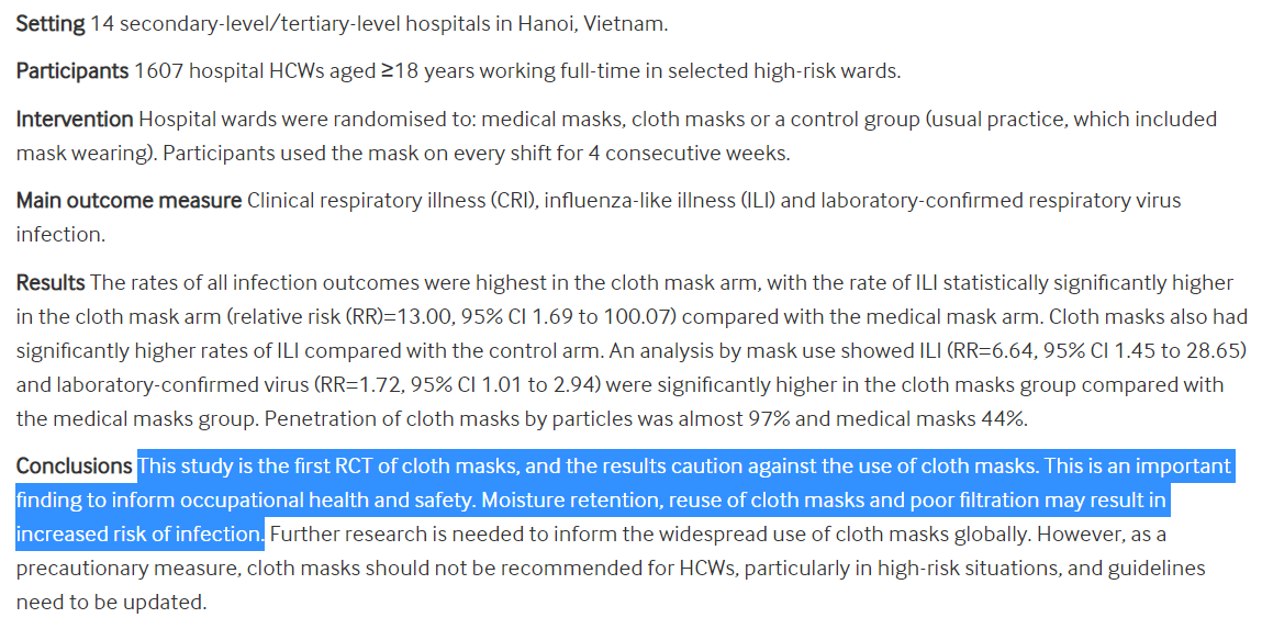 7/ As a refresher: "This study is the first RCT of cloth masks, and the results caution against the use of cloth masks. ... Moisture retention, reuse of cloth masks and poor filtration may result in increased risk of infection."OK, so this "new" mask efficacy model is 0-for-2.