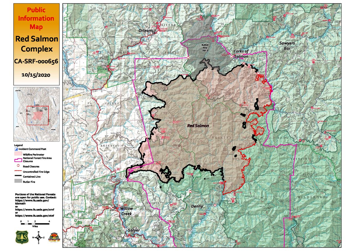 #RedSalmonComplex Daily Update 10-15-2020
Willow Creek, CA –   Yesterday crews brought fire down to the South Fork of the Salmon River as planned.
  
More information on the Red Salmon Complex InciWeb page - inciweb.nwcg.gov/incident/6891/
<a href="/Klamath_NF/">Klamath NF</a>  <a href="/ShastaTrinityNF/">Shasta-Trinity NF</a>  <a href="/SixRiversNF/">Six Rivers NF</a>