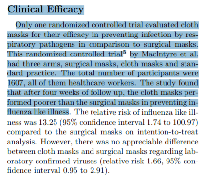 12/ The limitations identified by the authors are pretty broad. Namely:"Only one randomized controlled trial evaluated clothmasks for their efficacy in preventing infection by respiratory pathogens"Yep, that was MacIntyre - the paper that found *higher* infection with cloth.