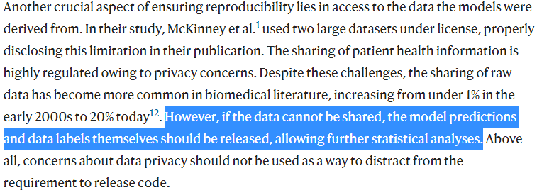 or 2) we take the results, in this case the model output scores, human reader scores, and labels, and we redo their statistical analysis to make sure they didn't oopsie.To be fair, the authors mention this second approach. But have Google refused to share this data?6/12