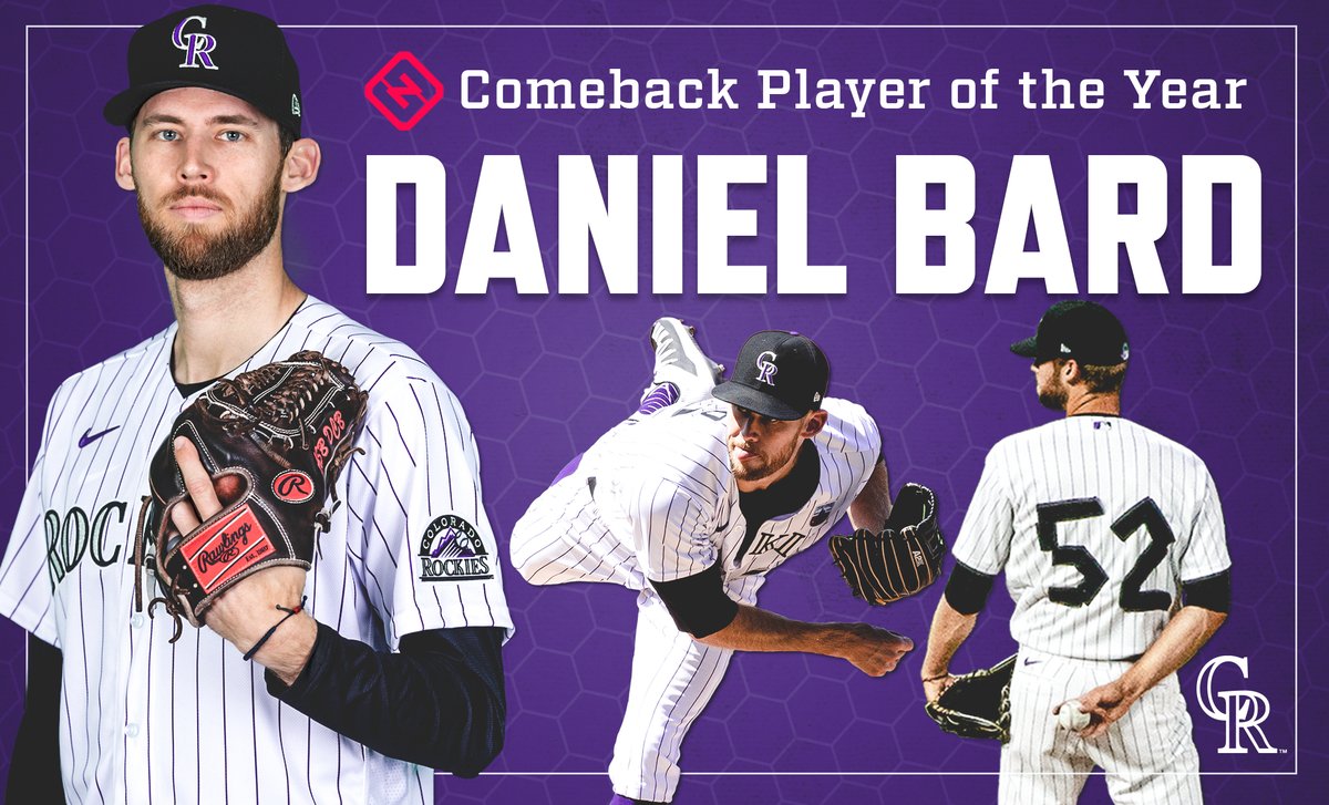 Rockies's tweet photo. After a hiatus of 2,646 days, Daniel Bard returned to the Majors and shined.

Give it up for the Sporting News Comeback Player of the Year! https://t.co/45dK8zSQgi