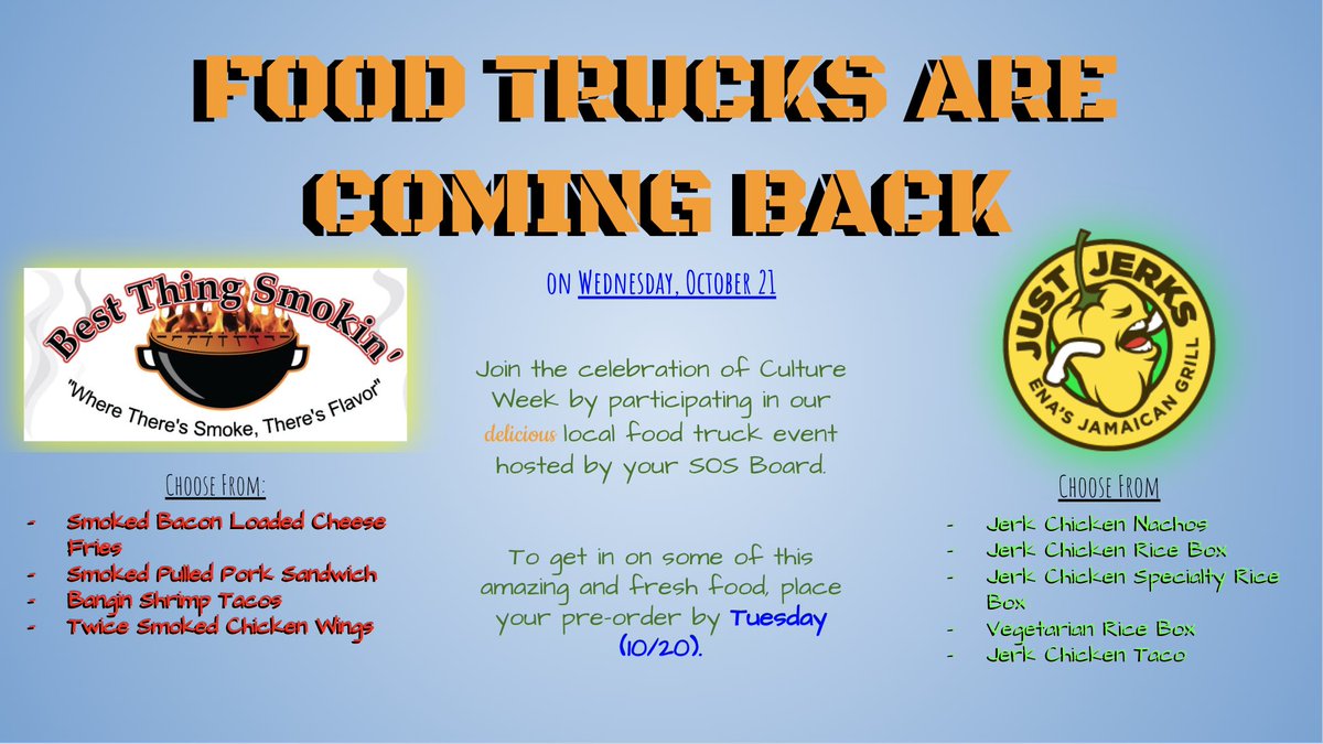 SOSCHCA's tweet photo. FOOD TRUCKS ARE COMING BACK!! To participate in this delicious event, we will be requiring pre-orders 24 hrs in advance. Food will be delivered to connection bells w/a very limited number of in-person orders after 11:50. Details on how to order to be posted this weekend! @GoCHCA https://t.co/TqLxtIbwRm