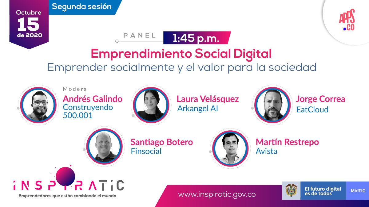 oscarsotof's tweet photo. Seguimos con el Panel de Emprendimiento Social Digital en #HabilidadesInspiraTIC #InspiraTIC de @AppsCo @Ministerio_TIC

Asiste por:
1. YouTube: https://t.co/l40b9dPytx

#emprendimiento #startup #BusinessTIC https://t.co/7e7xUzxfbg