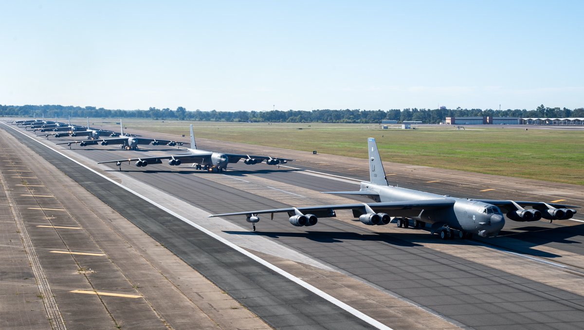 AFGlobalStrike's tweet photo. Line 'em up, move 'em out! B-52s from Barksdale Air Force Base are ready and able!
#LethalityandReadiness #B52 https://t.co/yFnaKHx2l7