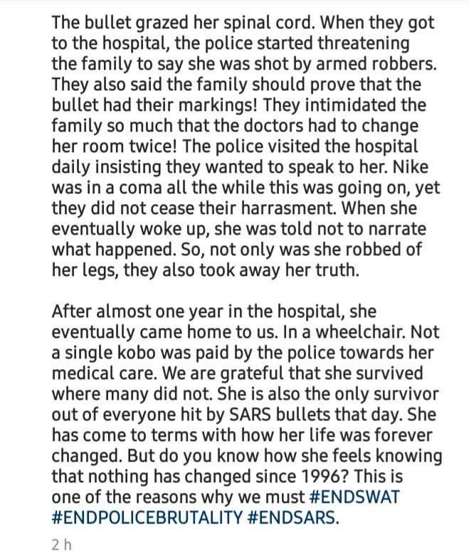 theshortiesalon's tweet photo. Adenike was shot by the police in 1996.
She was 15 years old.
Suffered spinal cord injuries because of the bullet.
#EndSARS
#EndSWAT
#HarmlessPost https://t.co/6gqd13qezn