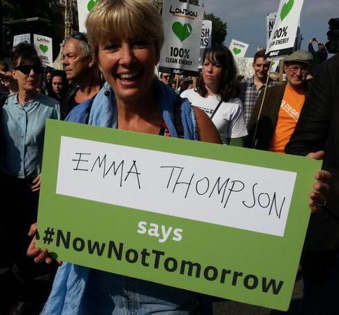 Emma Thompson protesting to encourage the use of green energy, for the planet, using her platform to raise awareness.