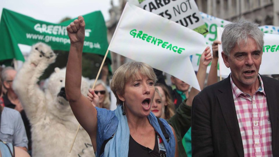 Emma Thompson protesting to encourage the use of green energy, for the planet, using her platform to raise awareness.