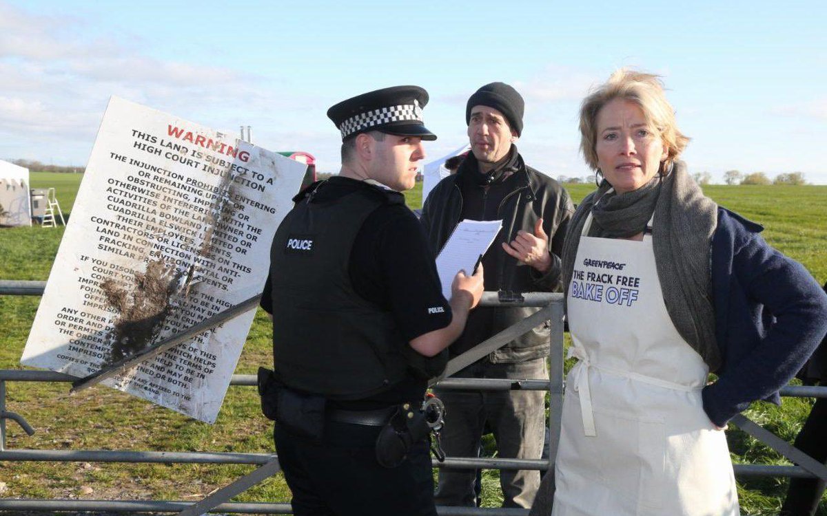 Emma Thompson and her sister Sophie Thompson on a private land join anti-fracking protesters in Lancashire.