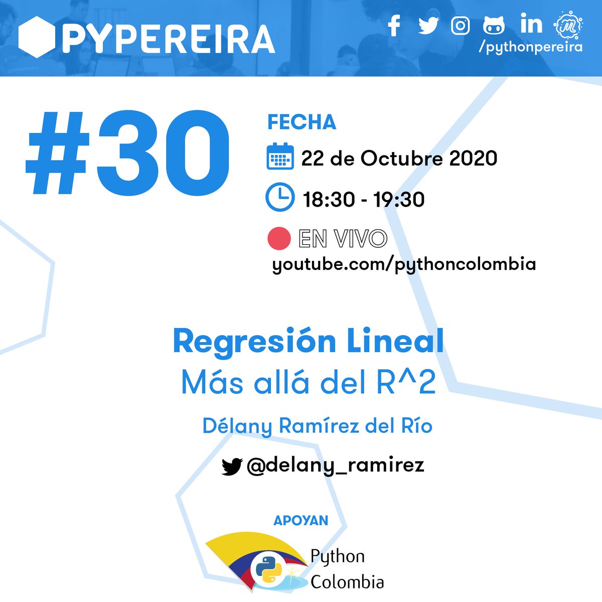pythonpereira's tweet image. 📣Queremos invitarlos a la Reunión Online #30 de Python Pereira 🎉
En esta ocasión contaremos con una interesante charla 🐍💻:
👉 Regresión Lineal - Más allá del R^2 por @delany_ramirez
🚩 Inscripciones: bit.ly/pypereira-30