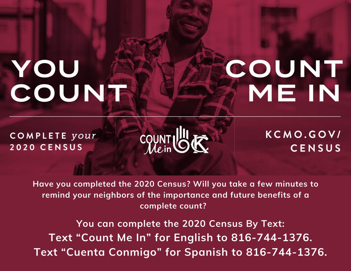 KansasCity's tweet photo. Today is the last day to complete the #2020Census - Don't wait #CountMeInKC to support future federal funding and more for @KCMO- Text “Count Me In” for English and “Cuenta Conmigo” for Spanish to 816-744-1376. #KCMO #Census https://t.co/8OKyO9yBra