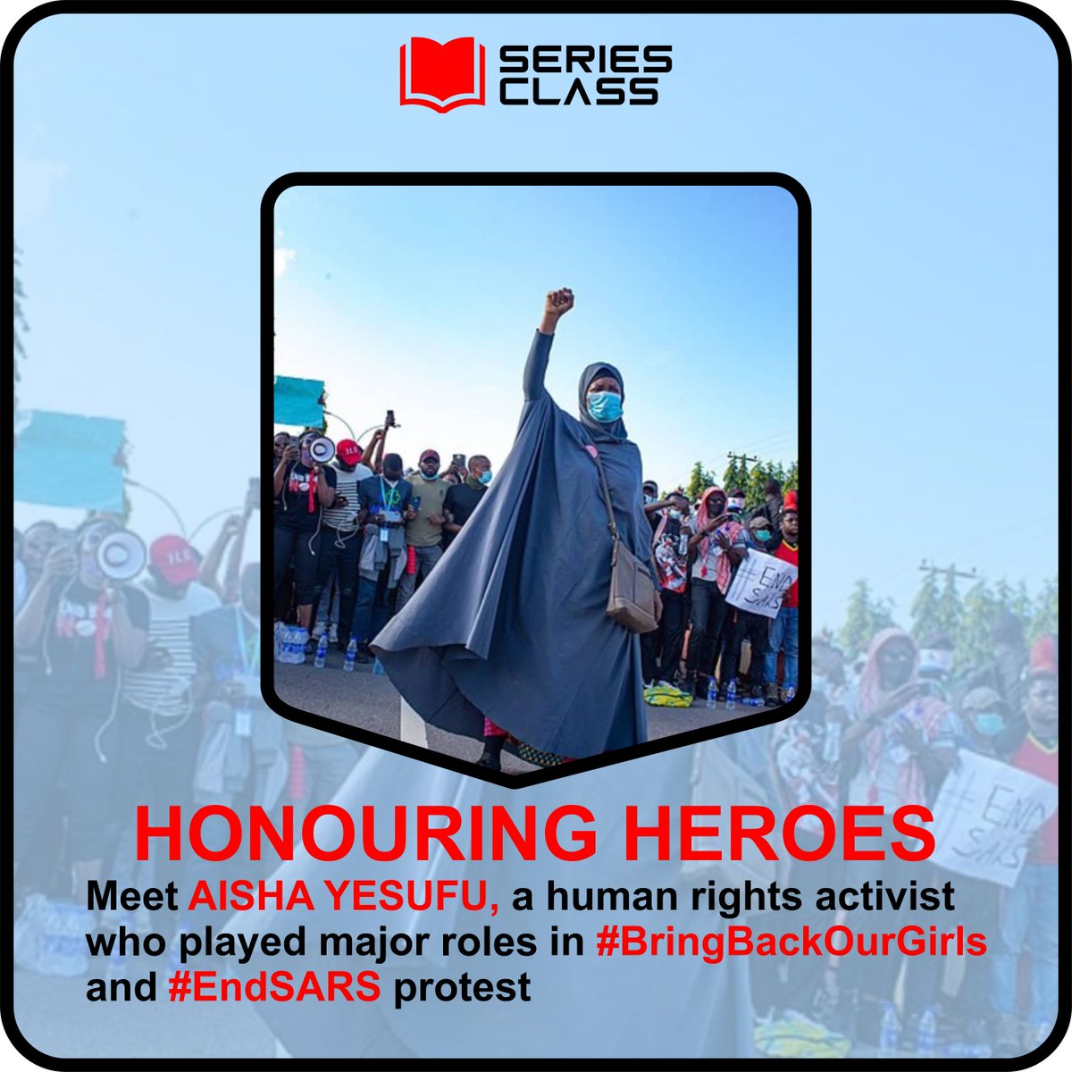 series_class's tweet photo. Meet Aisha Yesufu, a human rights activist who has played major roles in the #BringBackOurGirls Movement and #EndSARS protest.

We honour her today 

#EndSARS
#SARSMUSTEND
#EndSWAT
#seriesclass 
#honoringheroes https://t.co/IiKznXbYvn