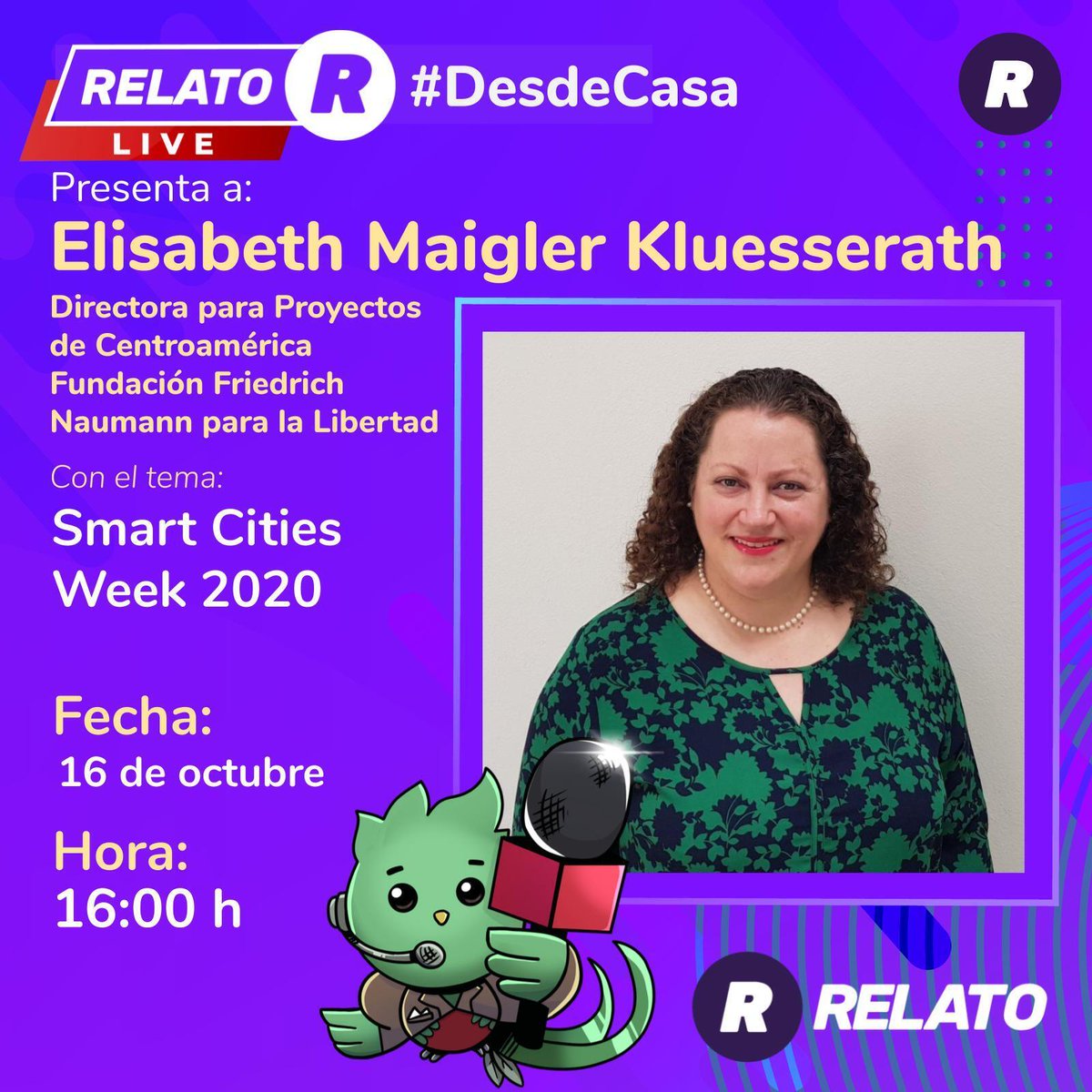 relato_gt's tweet photo. No te pierdas la #entrevista en directo con Elisabeth Maigler Kluesserath, directora para Proyectos de Centroamérica de la @FNFMexico con quien hablaremos sobre #SmartCitiesWeek2020, este 16 de octubre, a las 16:00 horas. ¿Qué le preguntarías? https://t.co/ch4XiFUYQ5
