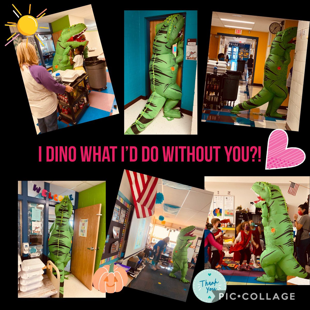 When your administrator is amazing and cares about the needs of her staff...she throws on a Dino costume and spreads Dino sized joy and treats throughout the building!  We are in this together! 🦖 <a href="/LWNKCSD/">Linden West NKC</a>  <a href="/BrianMercerNKC/">Brian Mercer</a>