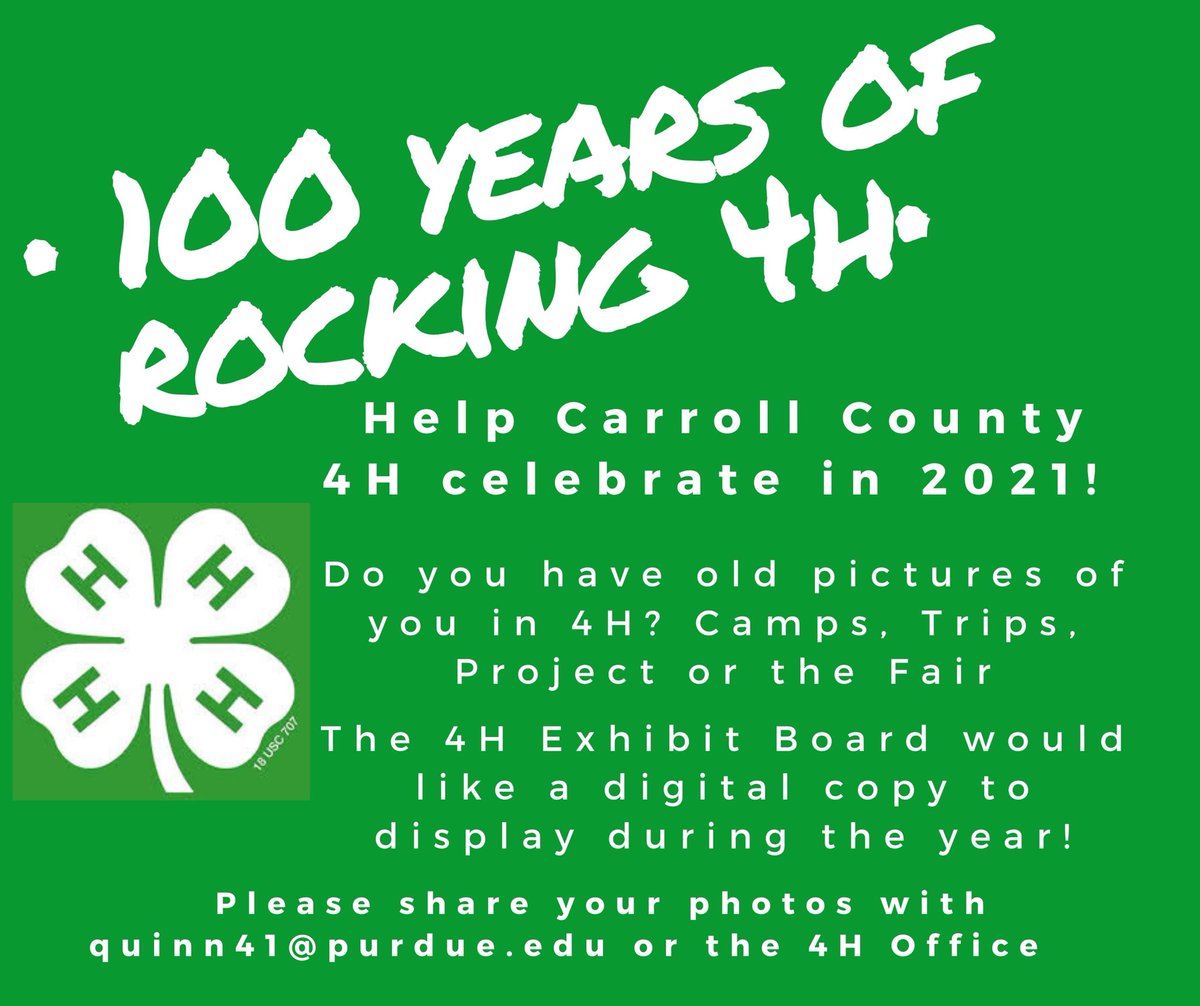CarrollIN4H's tweet photo. Share your favorite 4H photo. Let’s see which decade sends the most photos. 2021 marks 100 years of 4-H in Carroll County https://t.co/AAwvW0pbCt