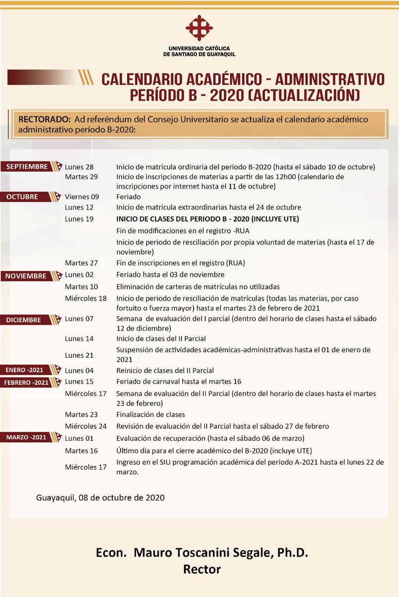 ucatolicagye's tweet photo. 𝗥𝗲𝗰𝘁𝗼𝗿𝗮𝗱𝗼 𝗶𝗻𝗳𝗼𝗿𝗺𝗮: 
✅Calendario académico y administrativo período B 2020 (Actualización)
🔎𝗥𝗲𝘃𝗶𝘀𝗮𝗿👇 https://t.co/lUZ4KhikvC
